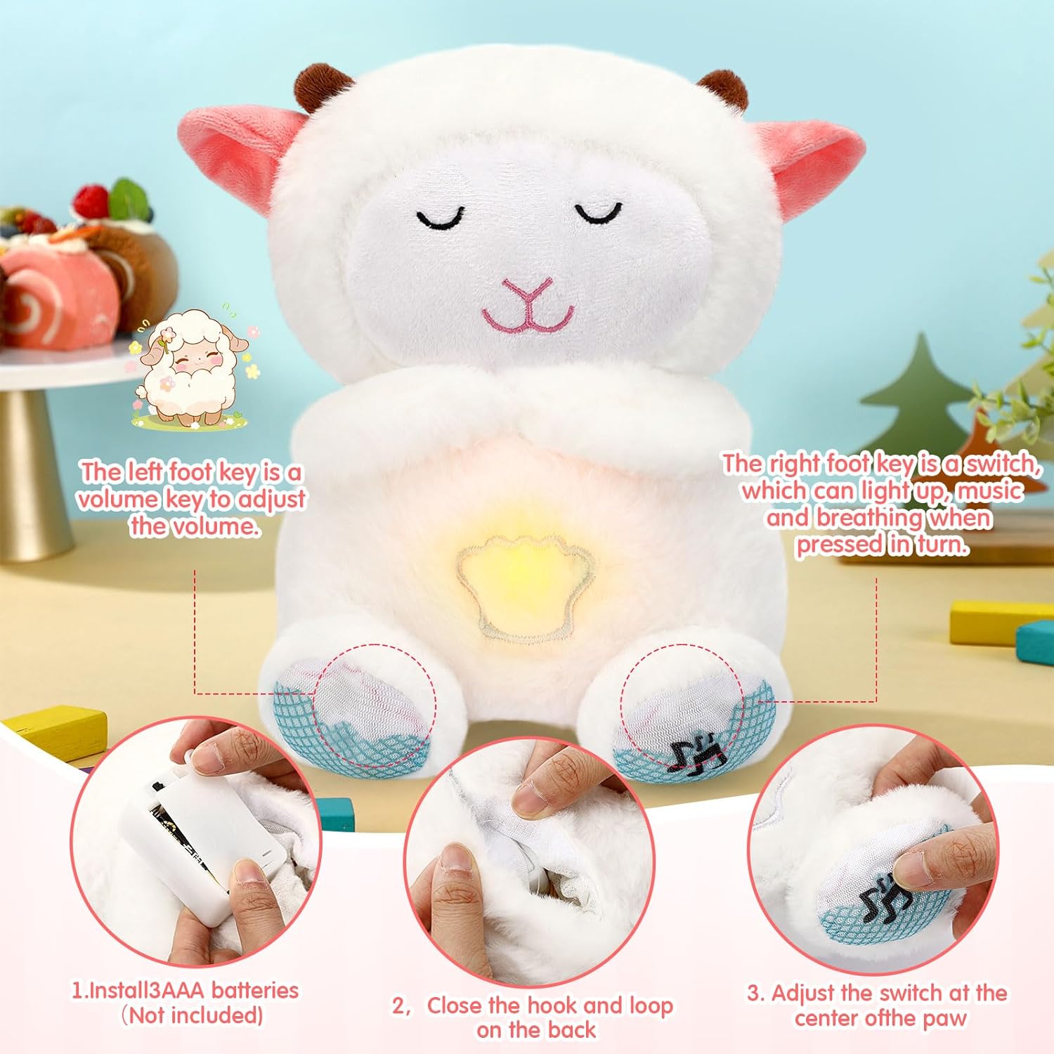 Breathing Stuffed Animal 9 Inch Calming Soothers for Sleep Heartbeat Plush for Anxiety with Music Lights and Rhythmic Breathing Motion Anxiety Relief Portable Plush Sound Machine(Sheep)