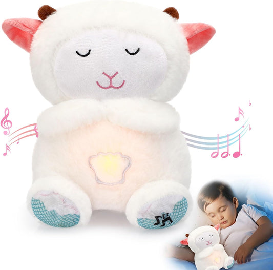 Breathing Stuffed Animal 9 Inch Calming Soothers for Sleep Heartbeat Plush for Anxiety with Music Lights and Rhythmic Breathing Motion Anxiety Relief Portable Plush Sound Machine(Sheep)
