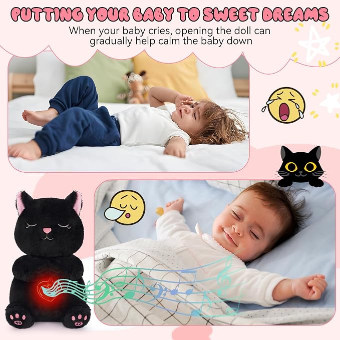 A promotional collage for a black cat-shaped baby calming doll. The top-left panel shows a baby lying on a bed while the doll is not visible; the top text explains that opening the doll can help calm a crying baby.