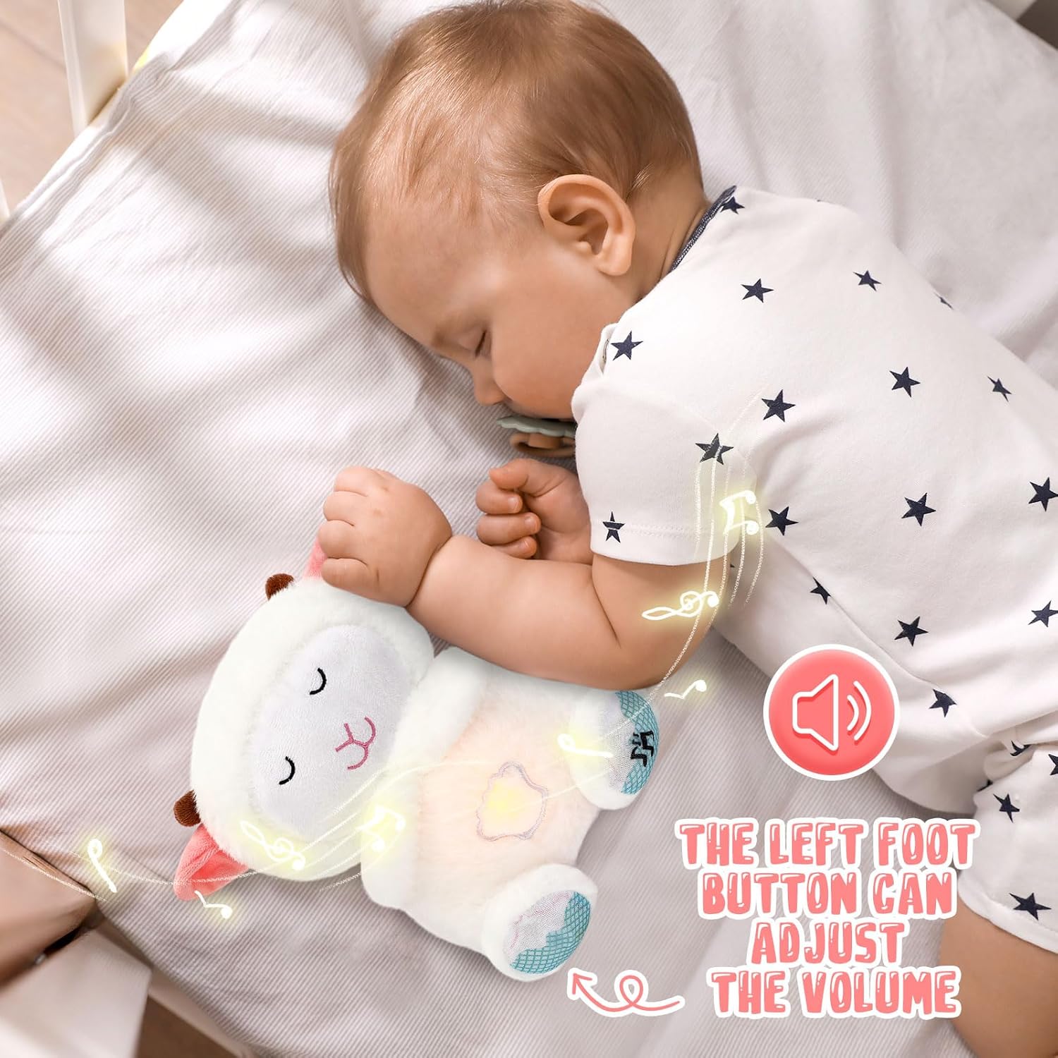 Breathing Stuffed Animal 9 Inch Calming Soothers for Sleep Heartbeat Plush for Anxiety with Music Lights and Rhythmic Breathing Motion Anxiety Relief Portable Plush Sound Machine(Sheep)