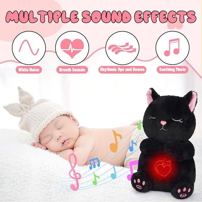 Baby sleeping next to a black cat-shaped toy with sound effect icons above.