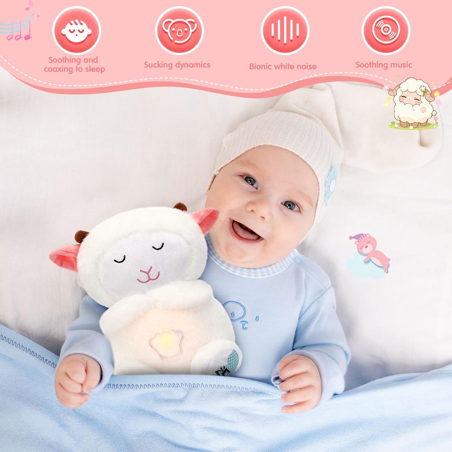 Breathing Stuffed Animal 9 Inch Calming Soothers for Sleep Heartbeat Plush for Anxiety with Music Lights and Rhythmic Breathing Motion Anxiety Relief Portable Plush Sound Machine(Sheep)