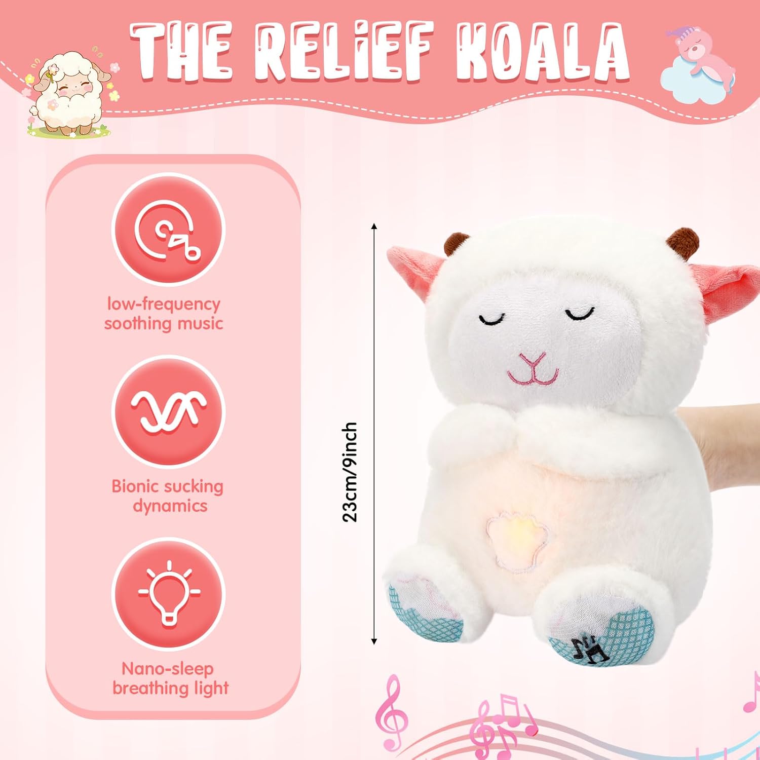 Breathing Stuffed Animal 9 Inch Calming Soothers for Sleep Heartbeat Plush for Anxiety with Music Lights and Rhythmic Breathing Motion Anxiety Relief Portable Plush Sound Machine(Sheep)