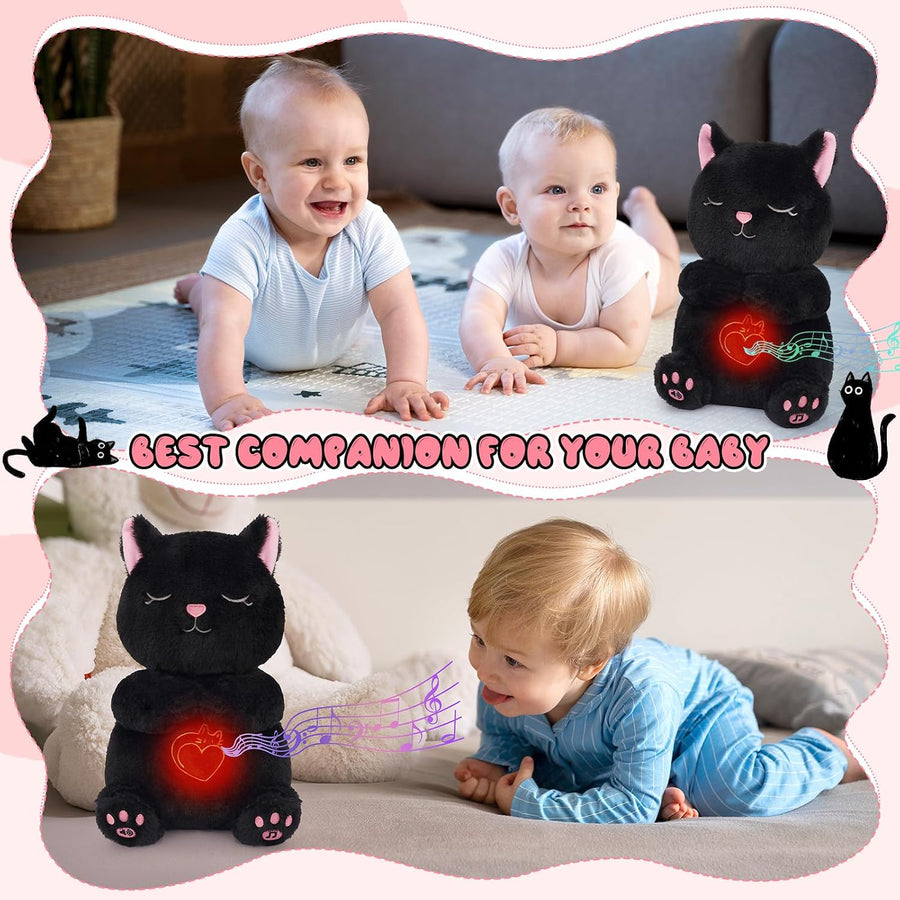 Children playing with a black cat-shaped toy on a carpeted floor.