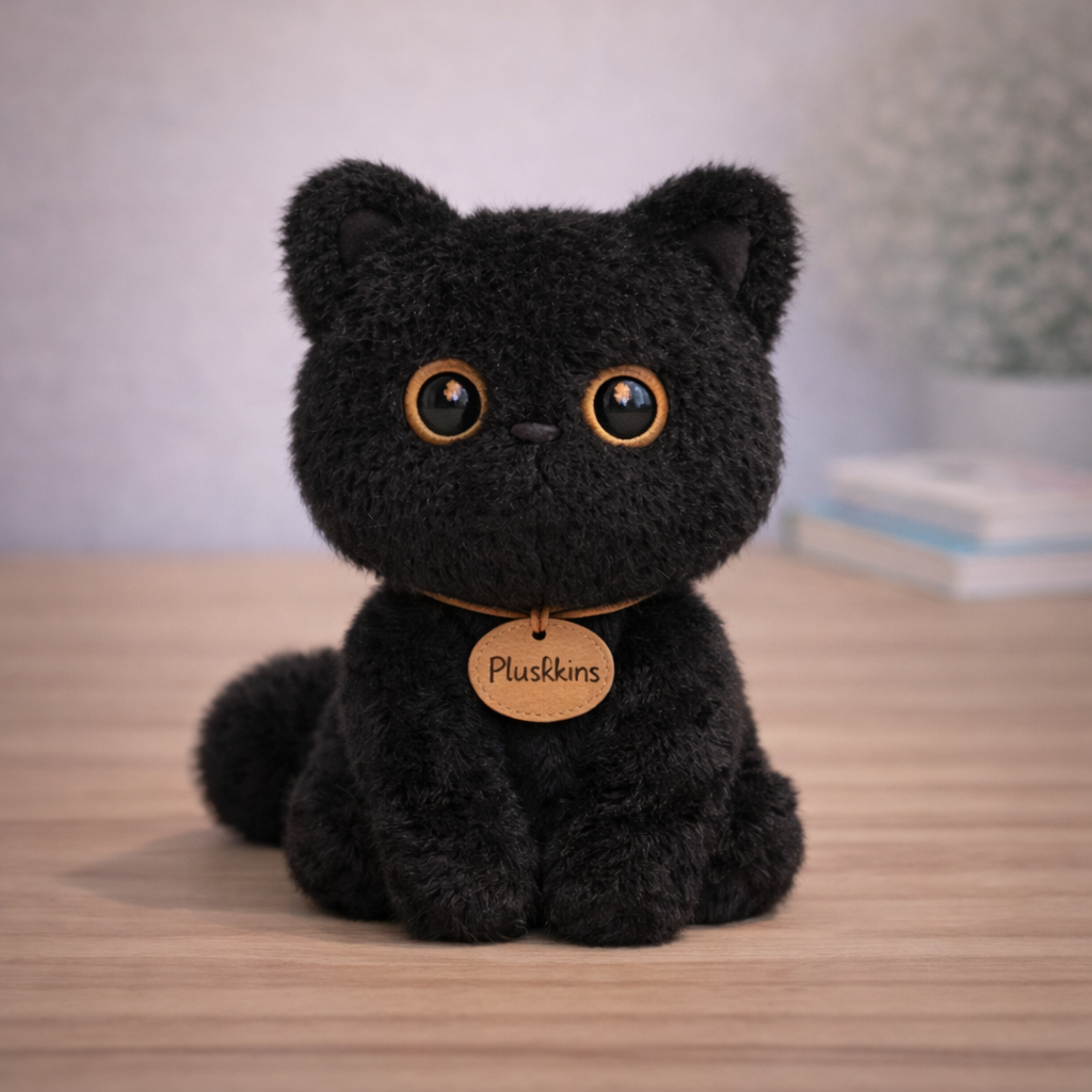 Black plush cat toy with a 'Plushkins' tag on a wooden surface.