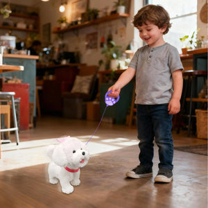 Child playing with a toy dog on a leash in a home setting