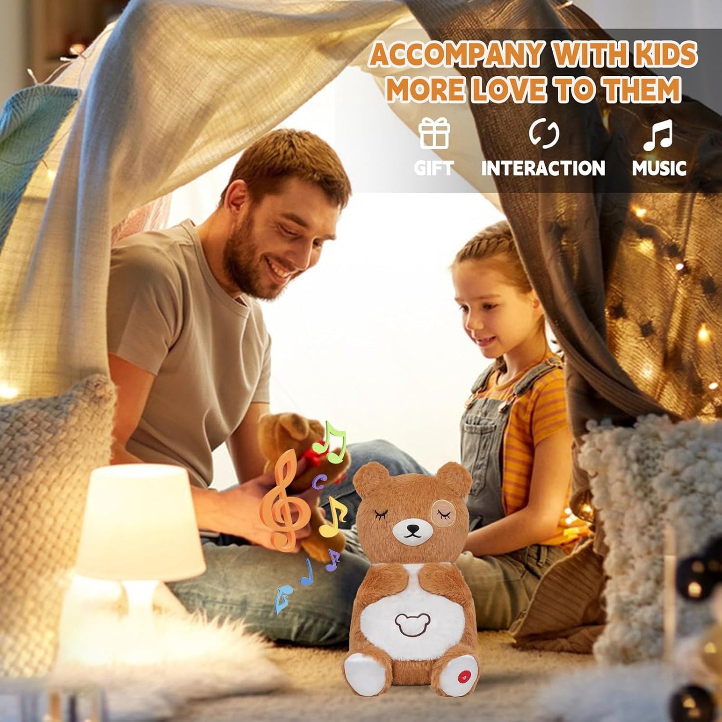 Breathing Bear Plush for Kids Gift, Soothing Stuffed Animal with Realistic Breathing Motion and Lights Music (Brown) accompany with kids more love to them 