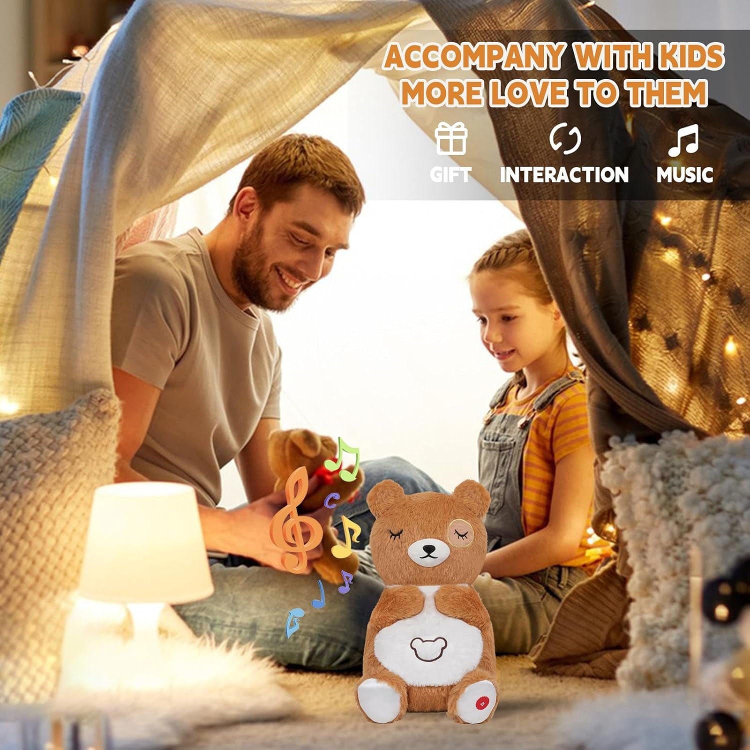 Breathing Bear Plush for Kids Gift, Soothing Stuffed Animal with Realistic Breathing Motion and Lights Music (Brown) accompany with kids more love to them 