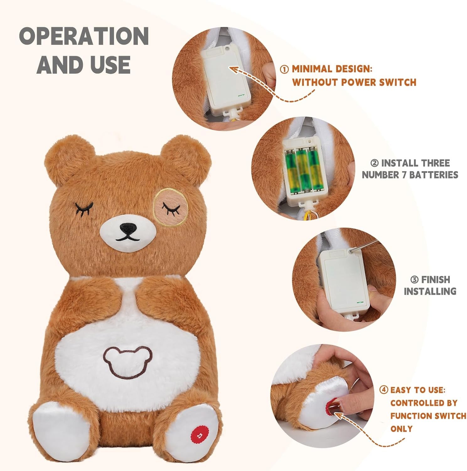 Breathing Bear Plush for Kids Gift, Soothing Stuffed Animal with Realistic Breathing Motion and Lights Music (Brown) operation and use 