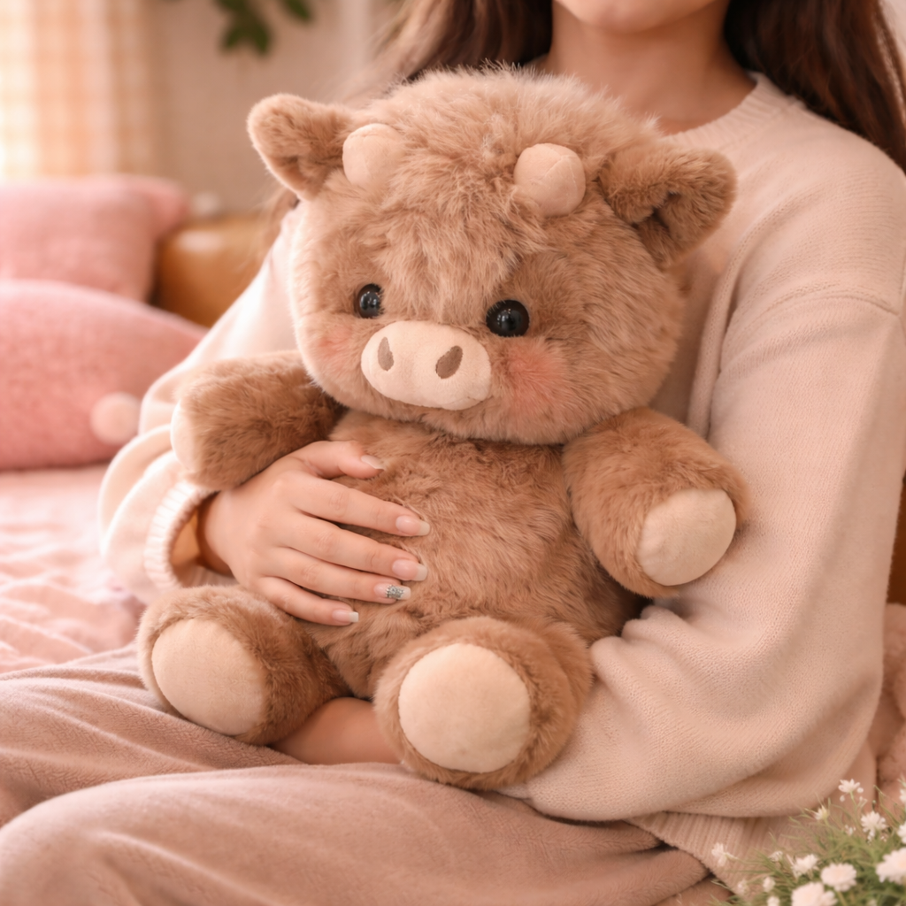 Child cuddling Zoomies plush toy in bed, calming breathing teddy helping with sleep and nighttime anxiety