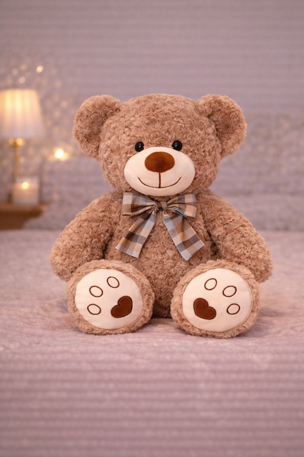 Teddy bear with a bow tie sitting on a textured surface with a blurred background