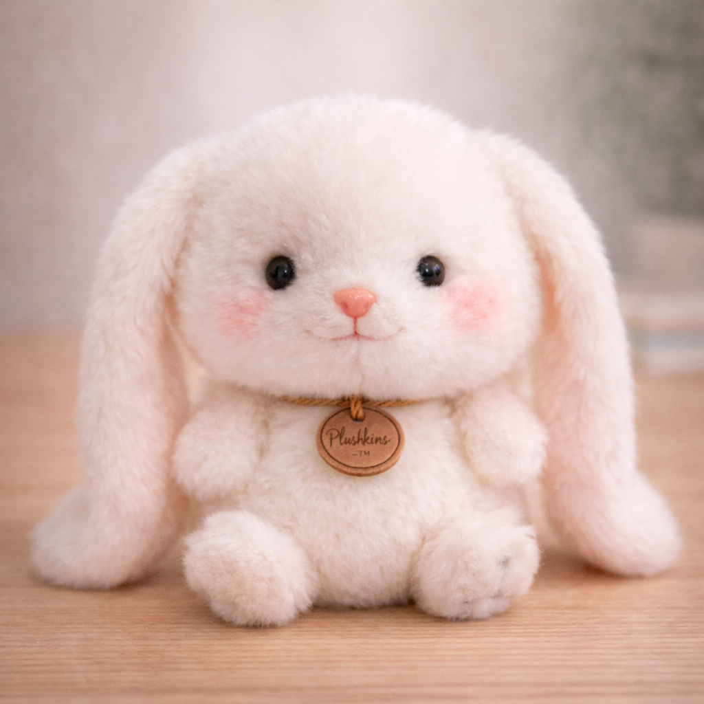 White plush bunny toy with a name tag on a wooden surface