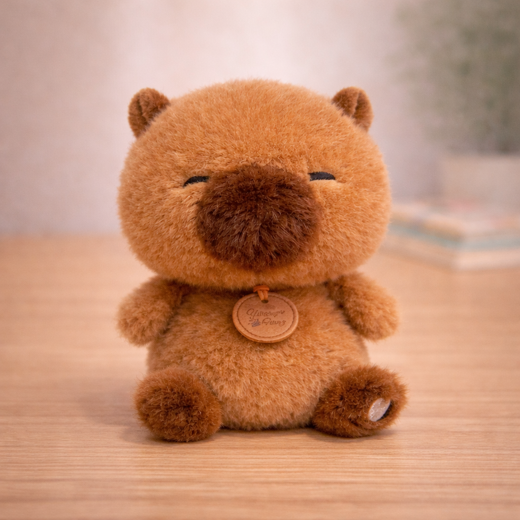 Brown capybara teddy bear plush toy with a visible brand label on a wooden surface.