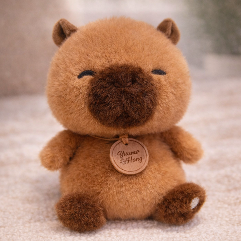 Brown Capybara plush toy with a tag on a soft surface