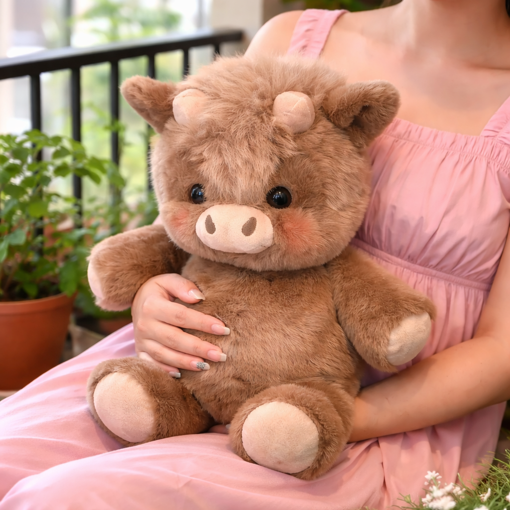 Person holding a brown teddy bear with black eyes and pink nose on a balcony with plants.