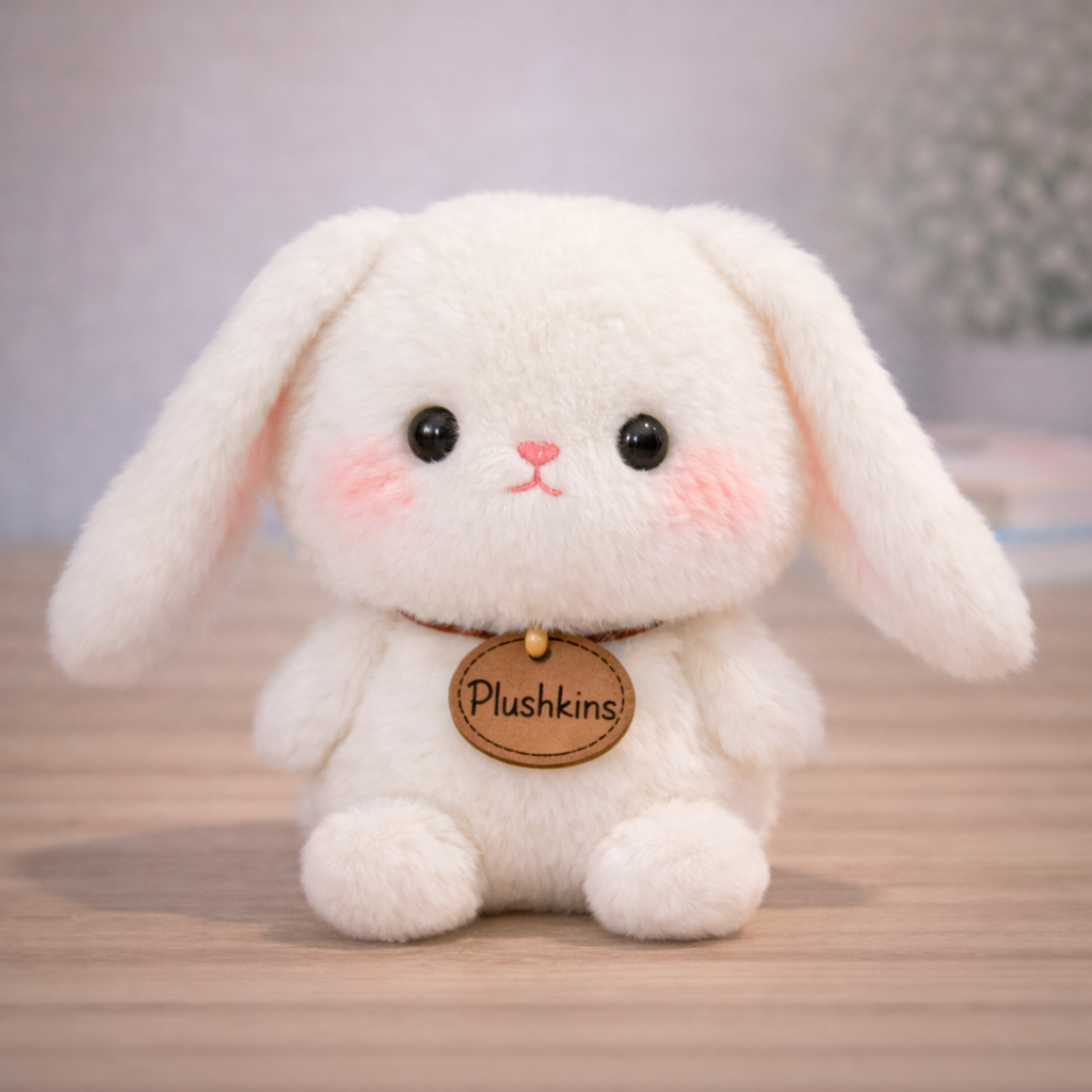 White plush bunny toy with a 'Plushkins' tag on a wooden surface