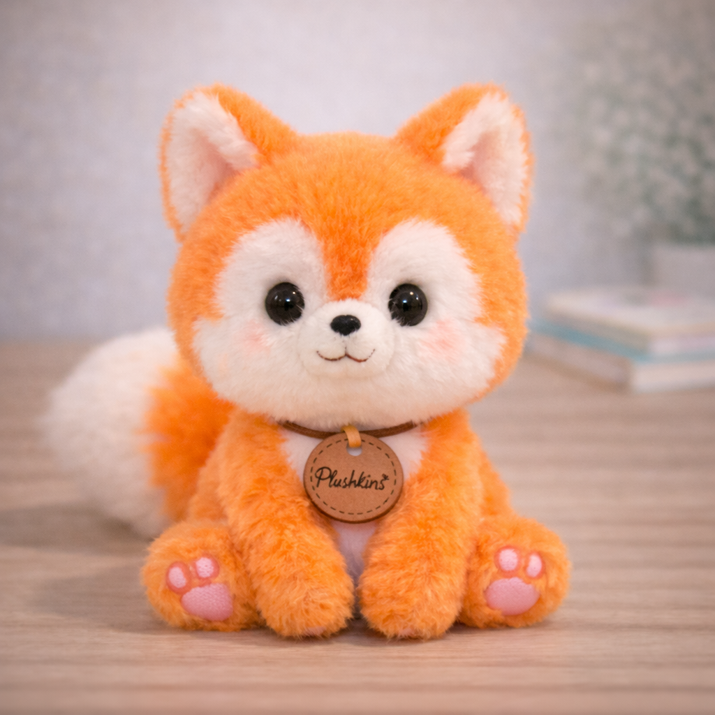 Plush fox toy with a 'Plushkin' tag on a wooden surface