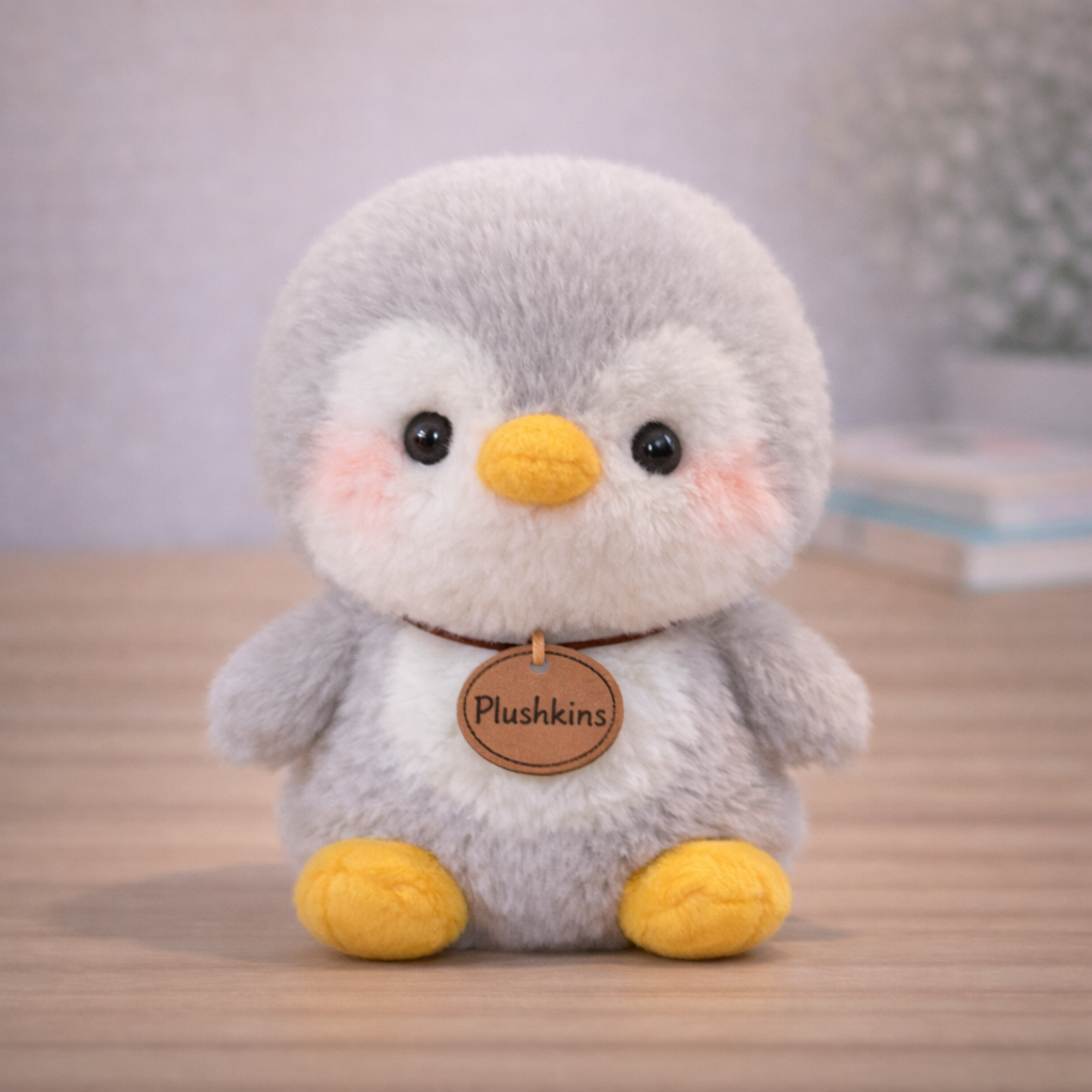 Plush penguin toy with a 'Plushkins' tag on a wooden surface