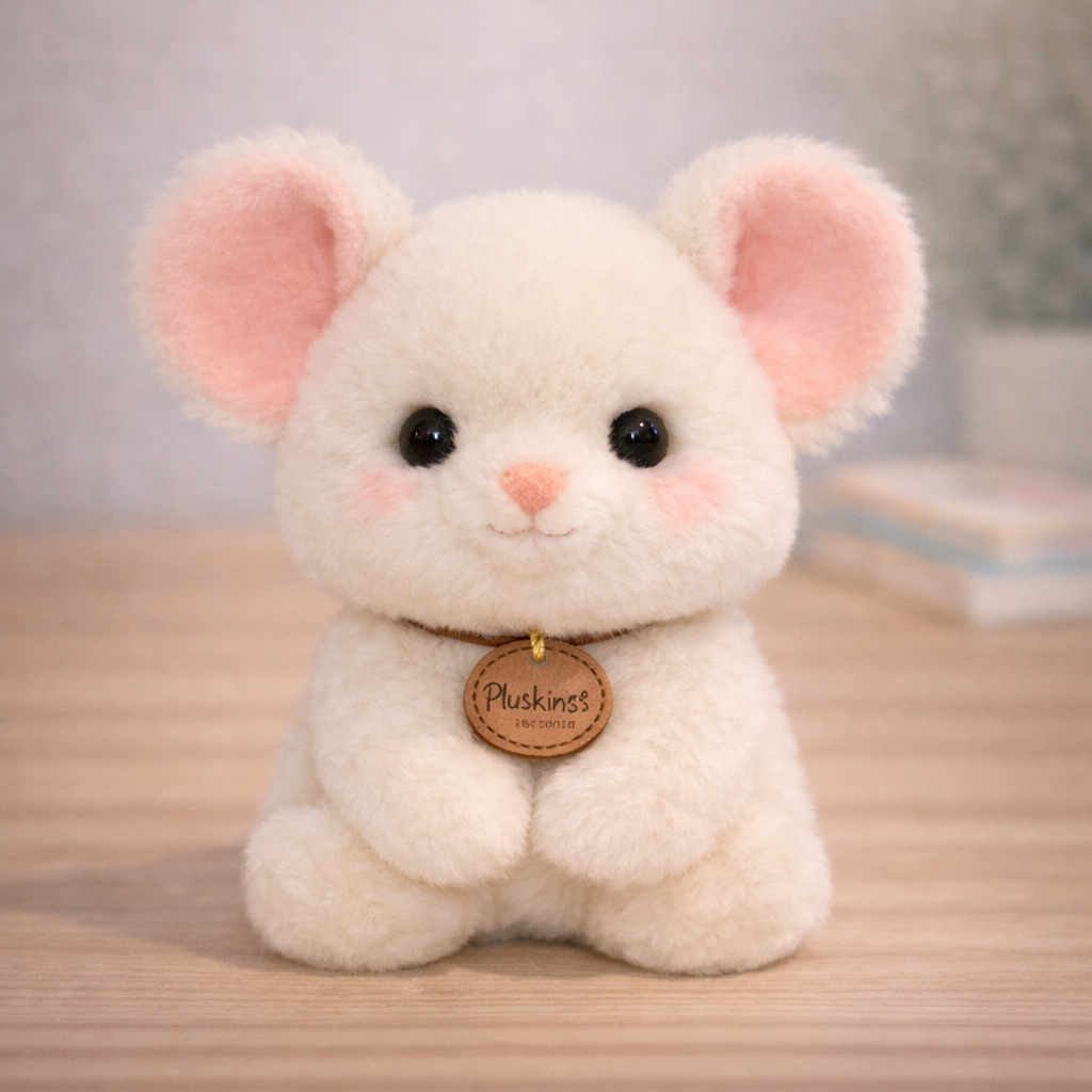 Cute plush mouse toy with a 'Plushkins' tag on a wooden surface