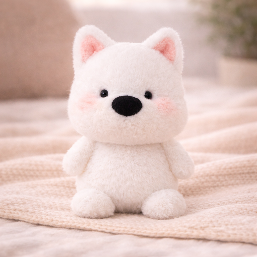 White plush toy with pink inner ears on a soft surface