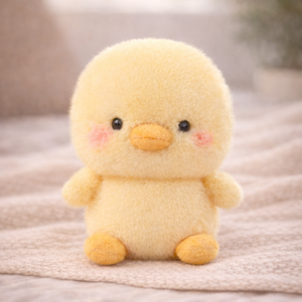 Cute plush duck toy on a soft surface