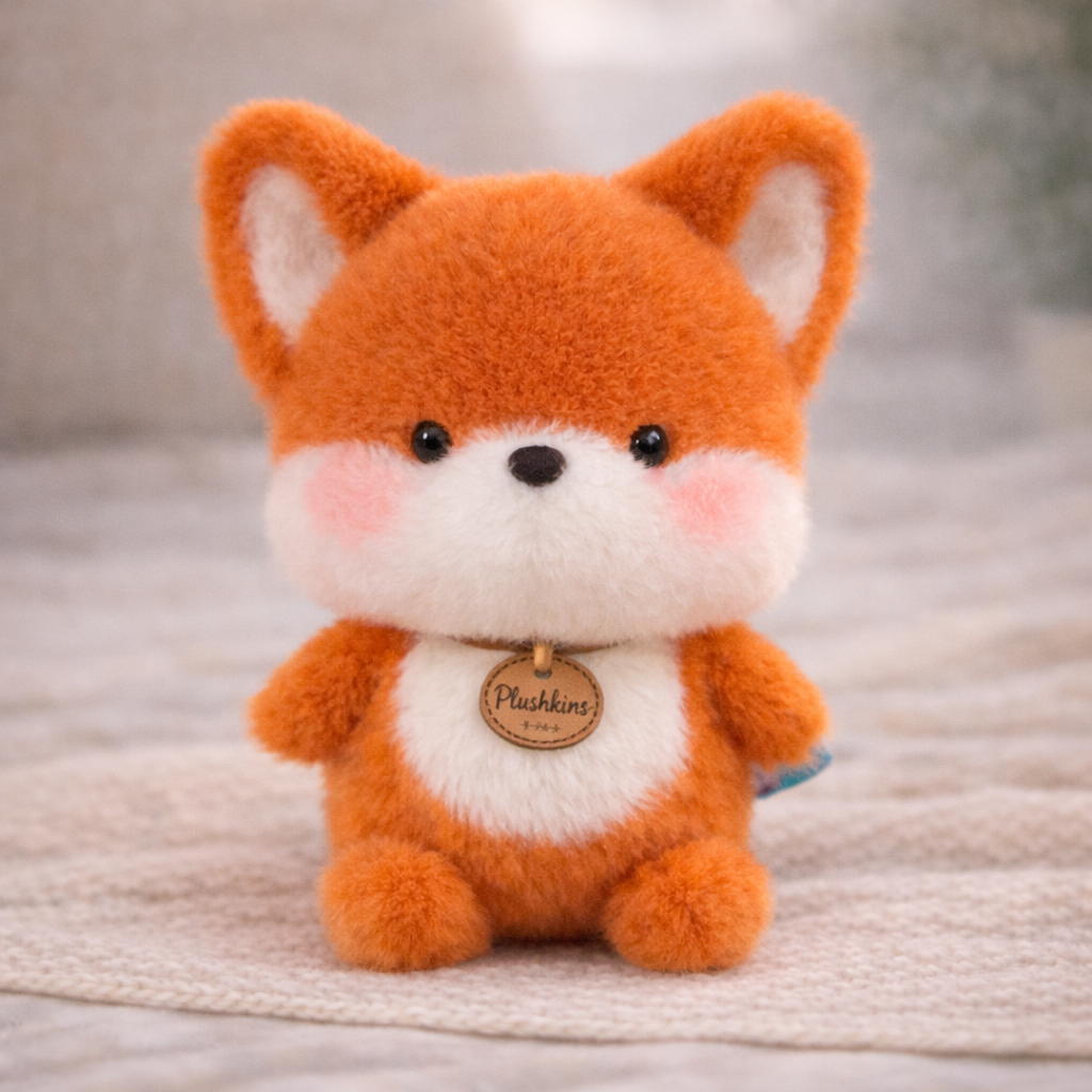 Plush fox toy with a tag on a textured surface