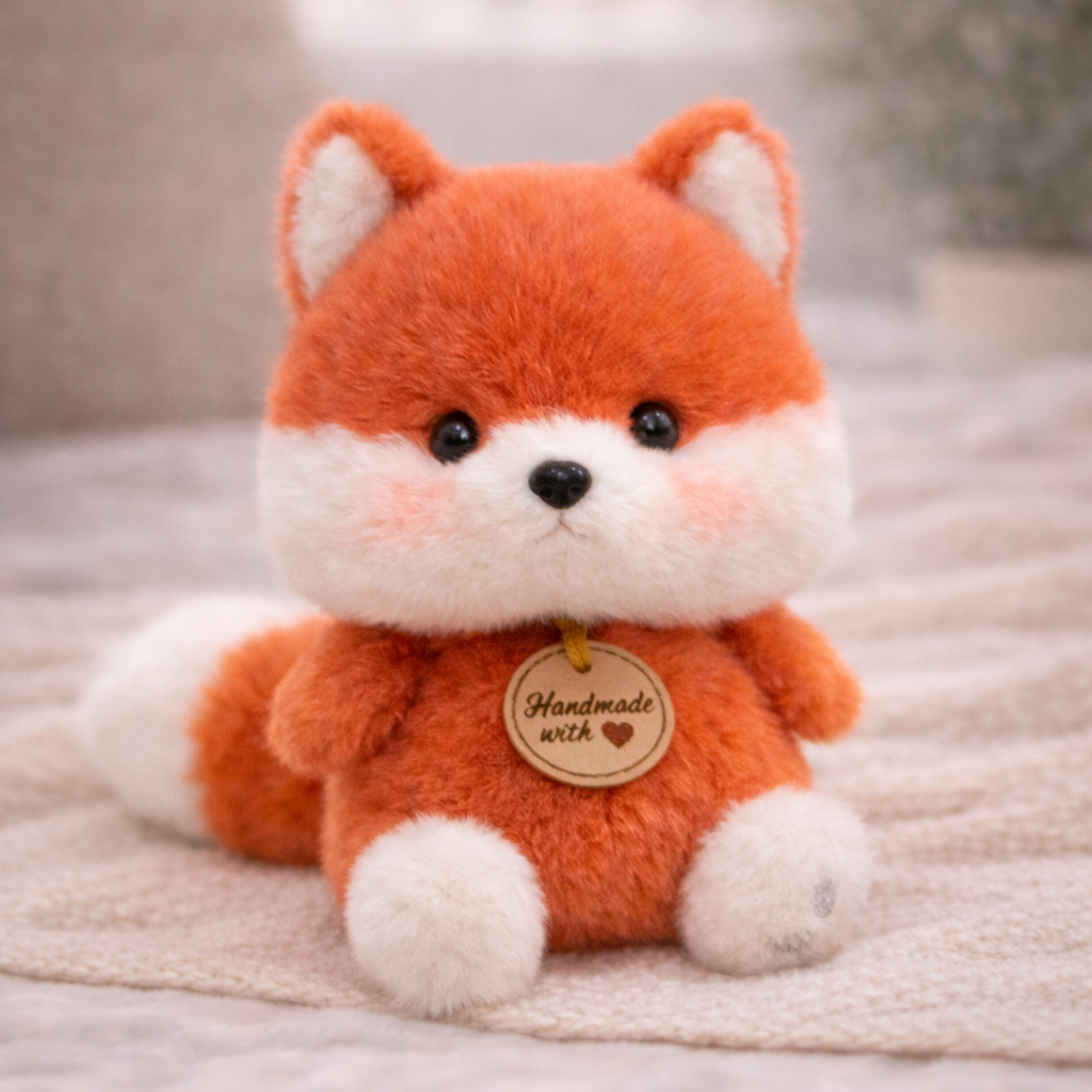 Plush fox toy with a 'Handmade with Love' tag on a soft surface
