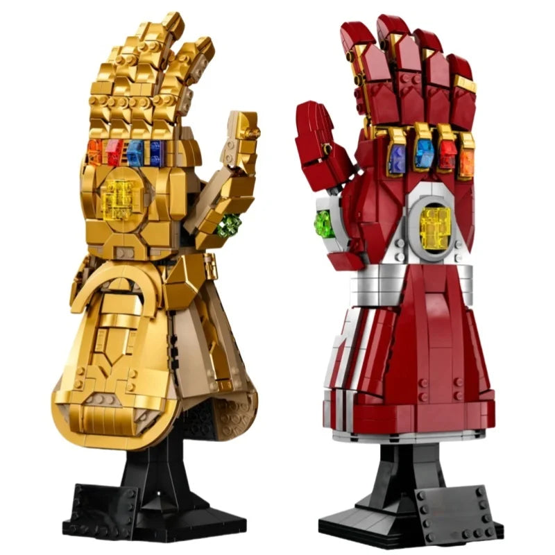 Iron Man–style cosmic gauntlet brick model displayed as a collector piece