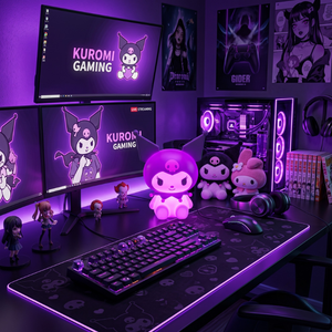 A dark gaming desk setup illuminated by purple LED lighting, featuring a curved monitor displaying 'KUROMI GAMING', a keyboard, a large desk mat, plush toys including Kuromi and My Melody, posters on the wall, and a PC tower in the background.