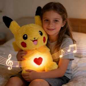 Child holding a glowing Pikachu plush toy with musical notes around