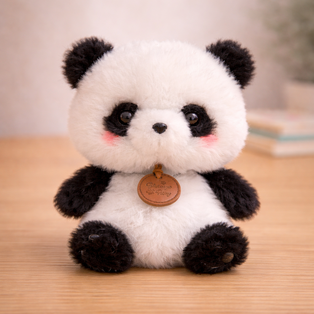 Plush panda toy with a brown tag on a wooden surface