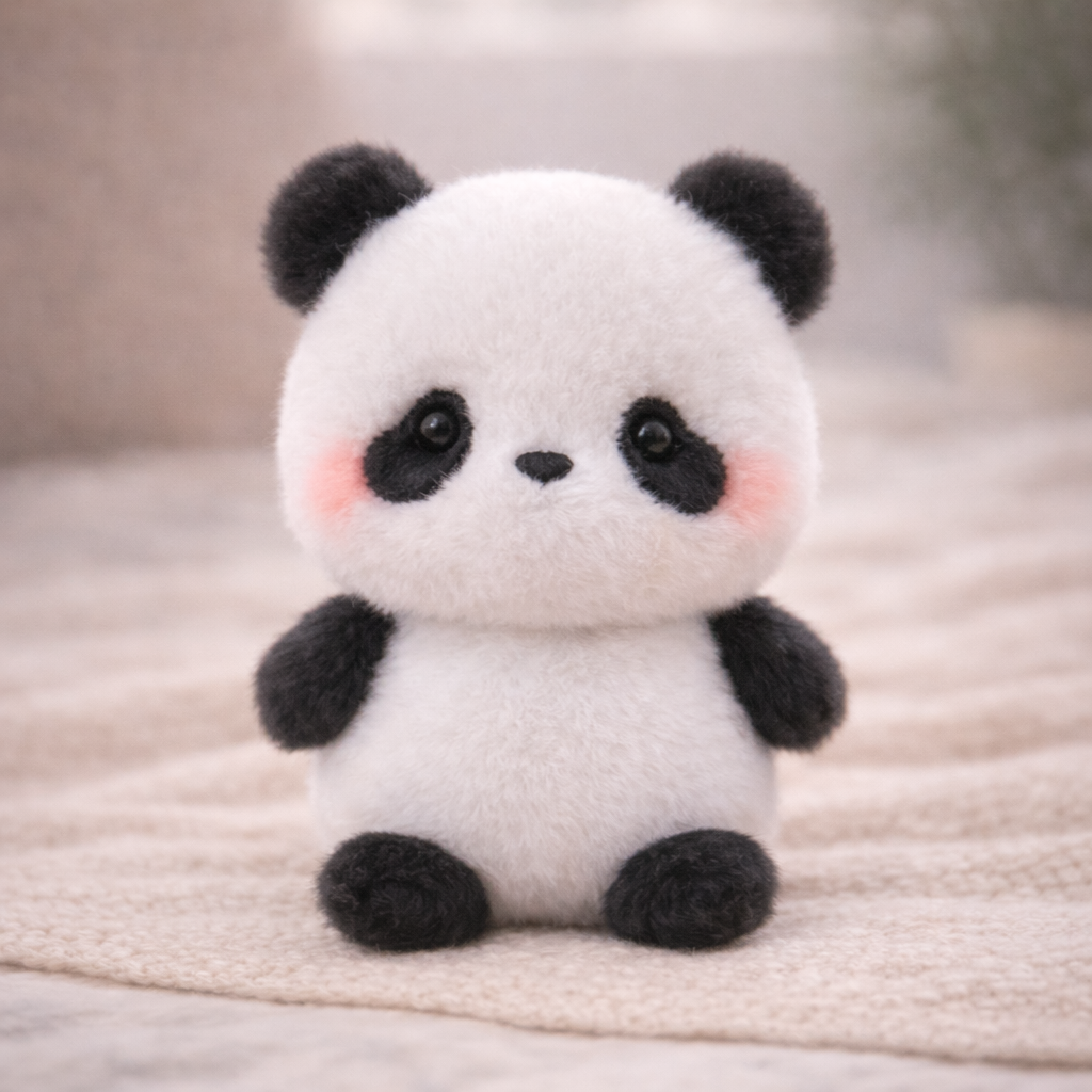 Cute plush panda toy on a textured surface