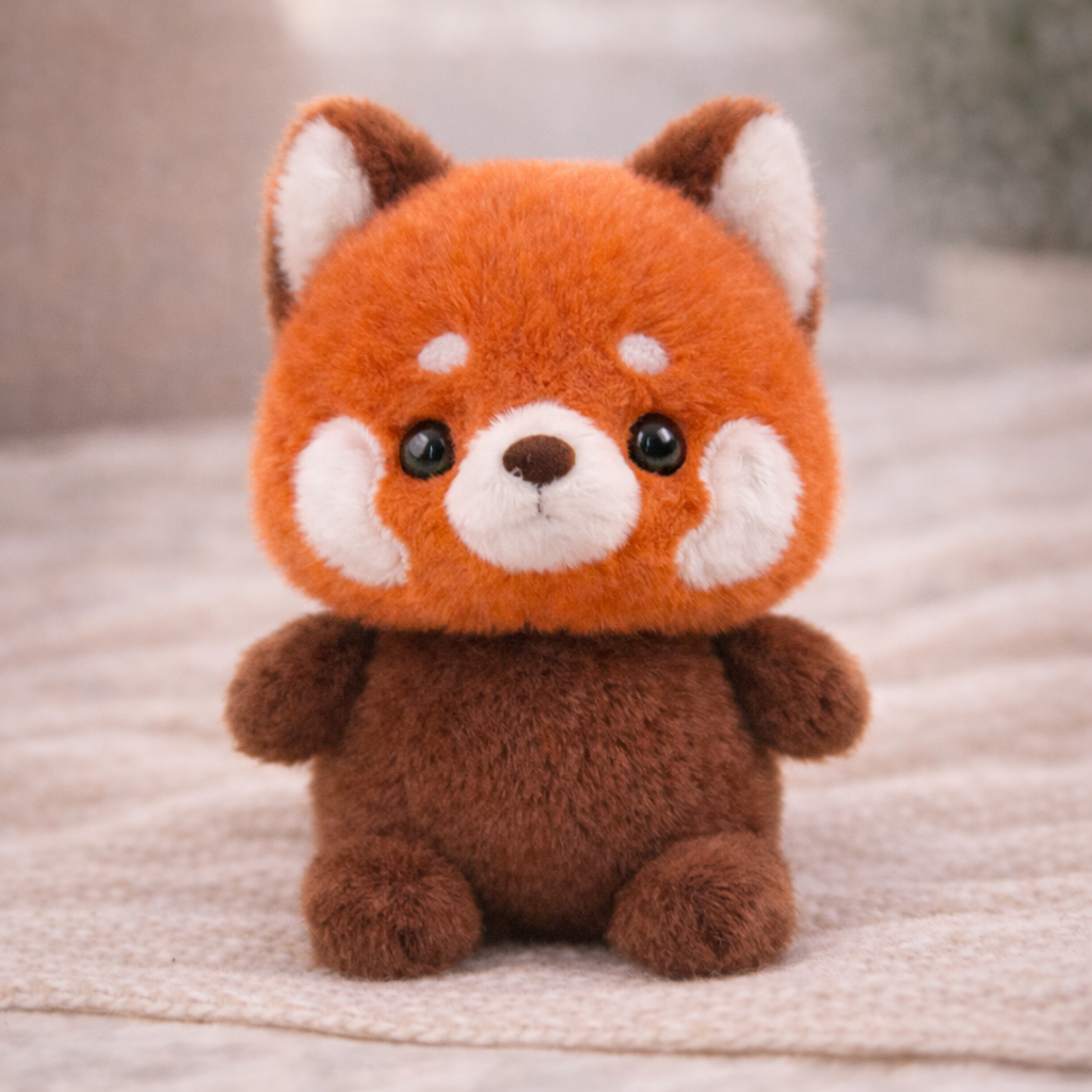 Plush toy red panda on a soft surface