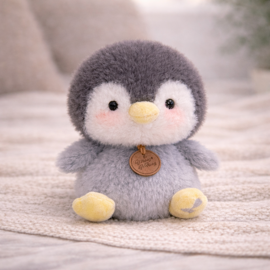 Plush penguin toy with a brown tag on a soft surface