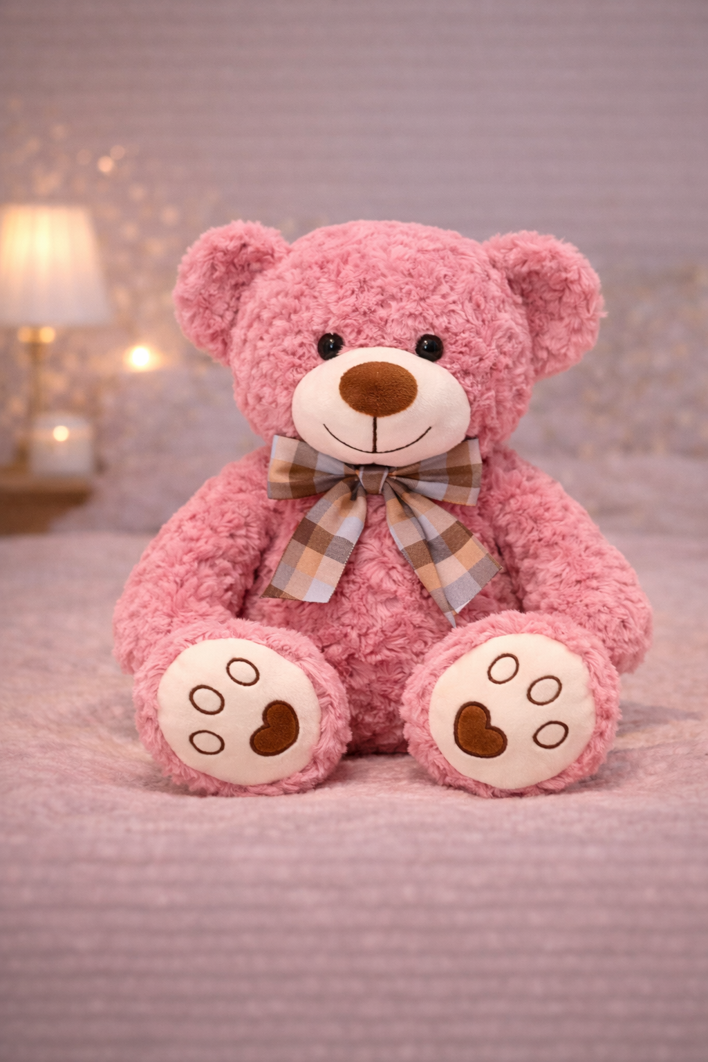 Pink teddy bear with a bow tie on a soft pink background