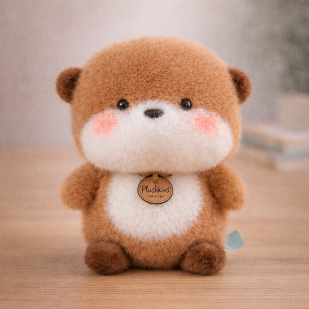 Cute brown plush toy with a white belly on a wooden surface
