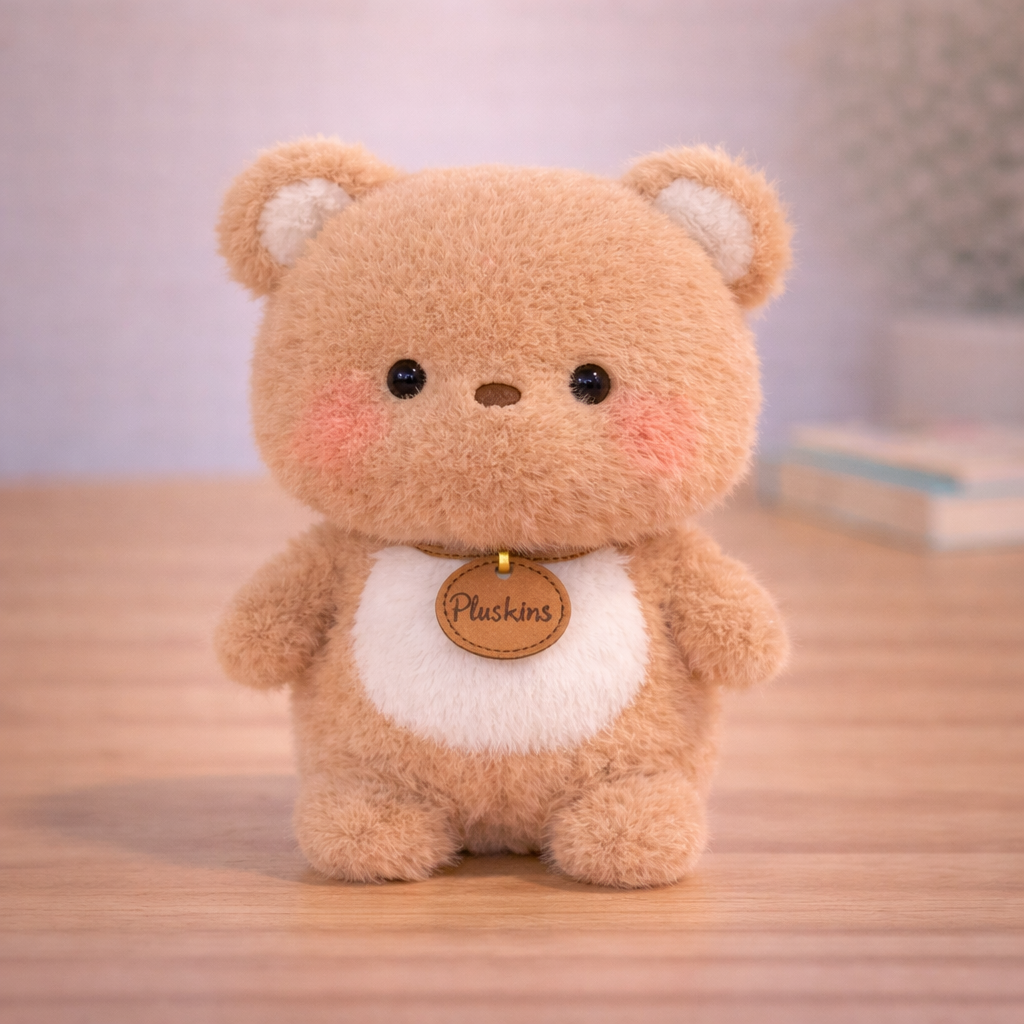Plush teddy bear with a 'Pluskins' tag on a wooden surface