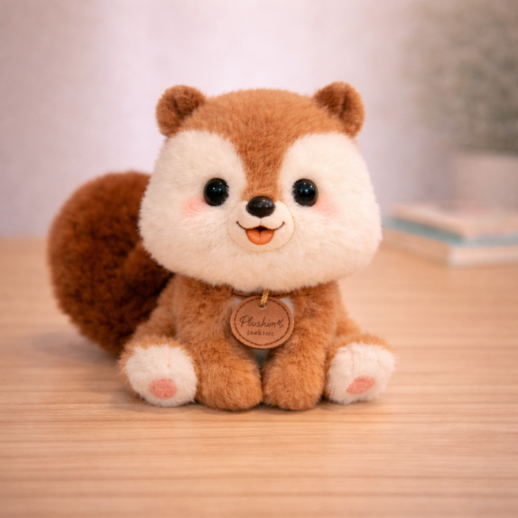 Plush toy resembling a Beaver with a white face and brown body on a wooden surface.