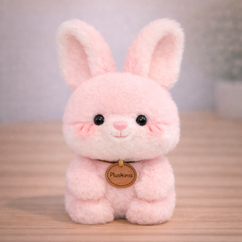 Pink plush bunny toy with a name tag on a wooden surface