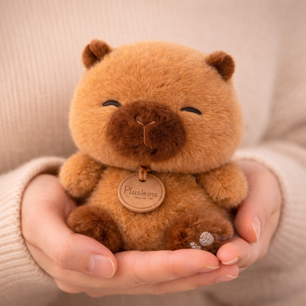 Brown capybara bear held in hands with a soft beige background