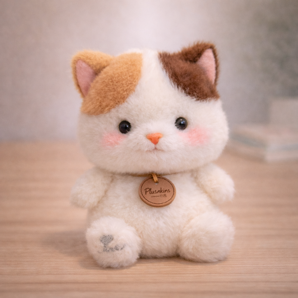 Plush cat toy with a brown and white fur pattern on a wooden surface.
