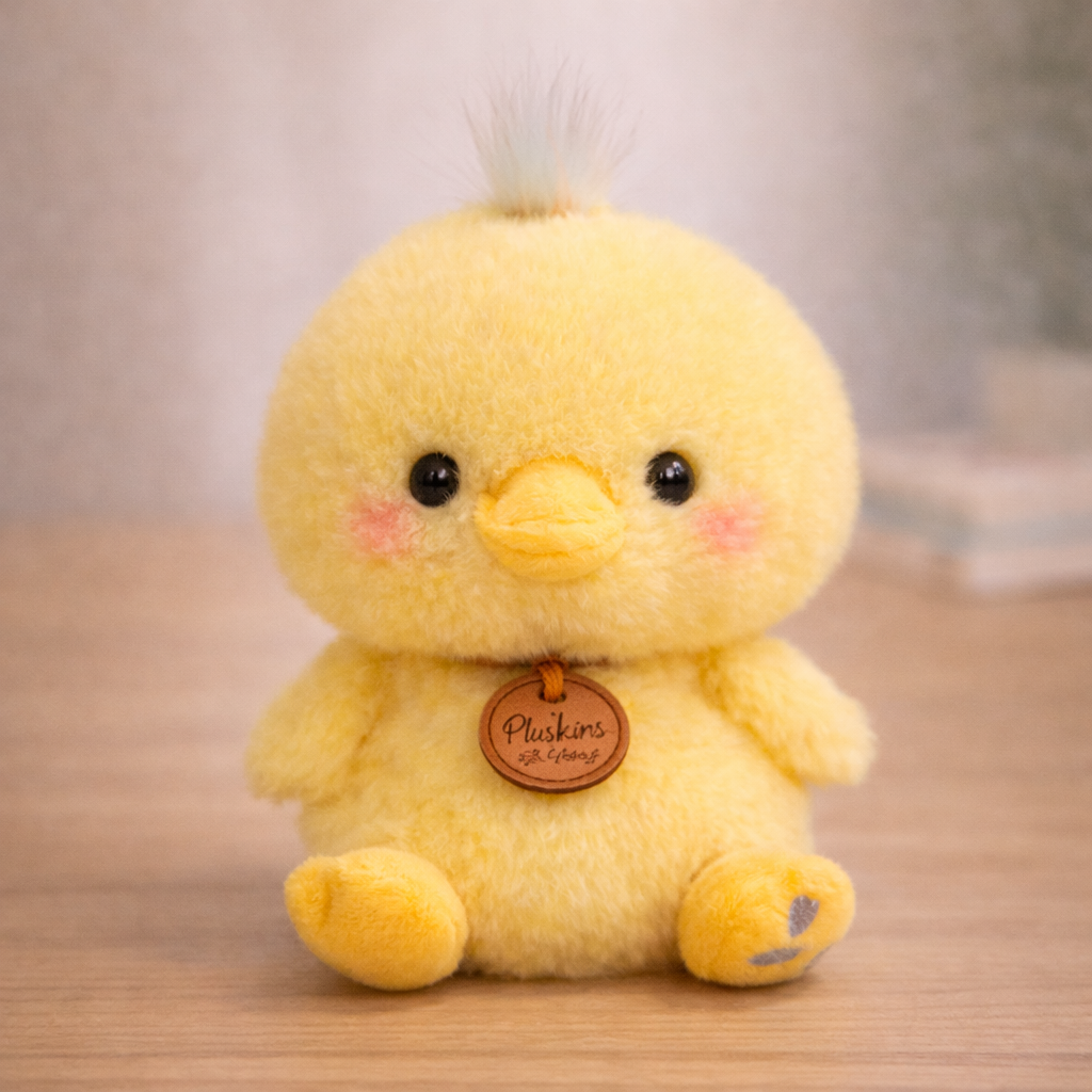 Yellow plush chick toy with a brown tag on a wooden surface