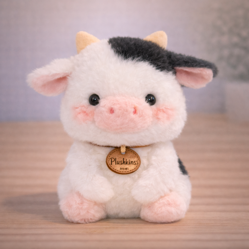 Cute plush toy cow with a black hat on a wooden surface