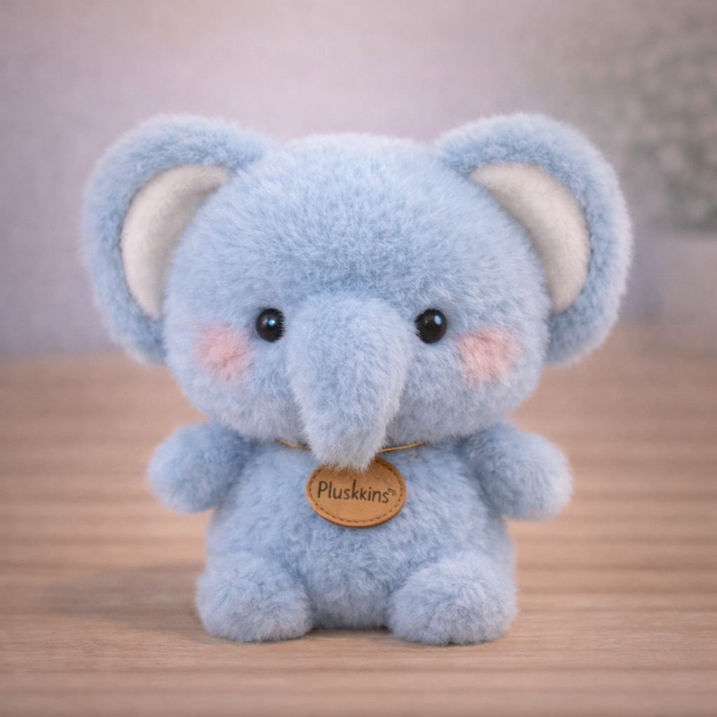 Blue plush elephant toy with 'Plushkins' tag on a wooden surface
