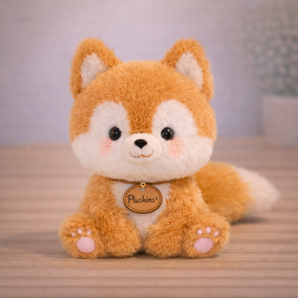 Plush toy fox with a name tag on a wooden surface
