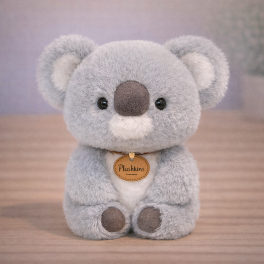 Plush koala toy with a visible brand tag on a wooden surface