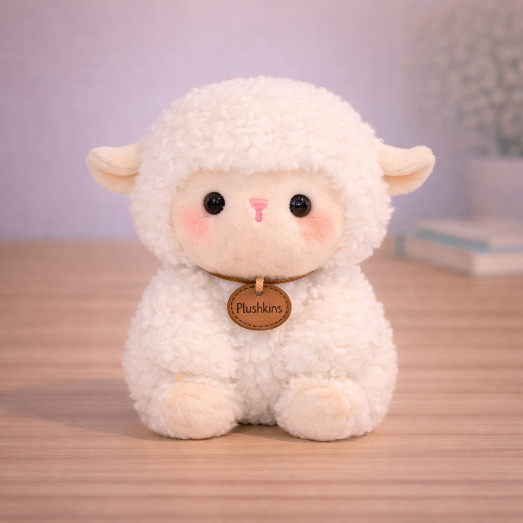 Cute plush lamb toy with a 'Plushkins' tag on a wooden surface.