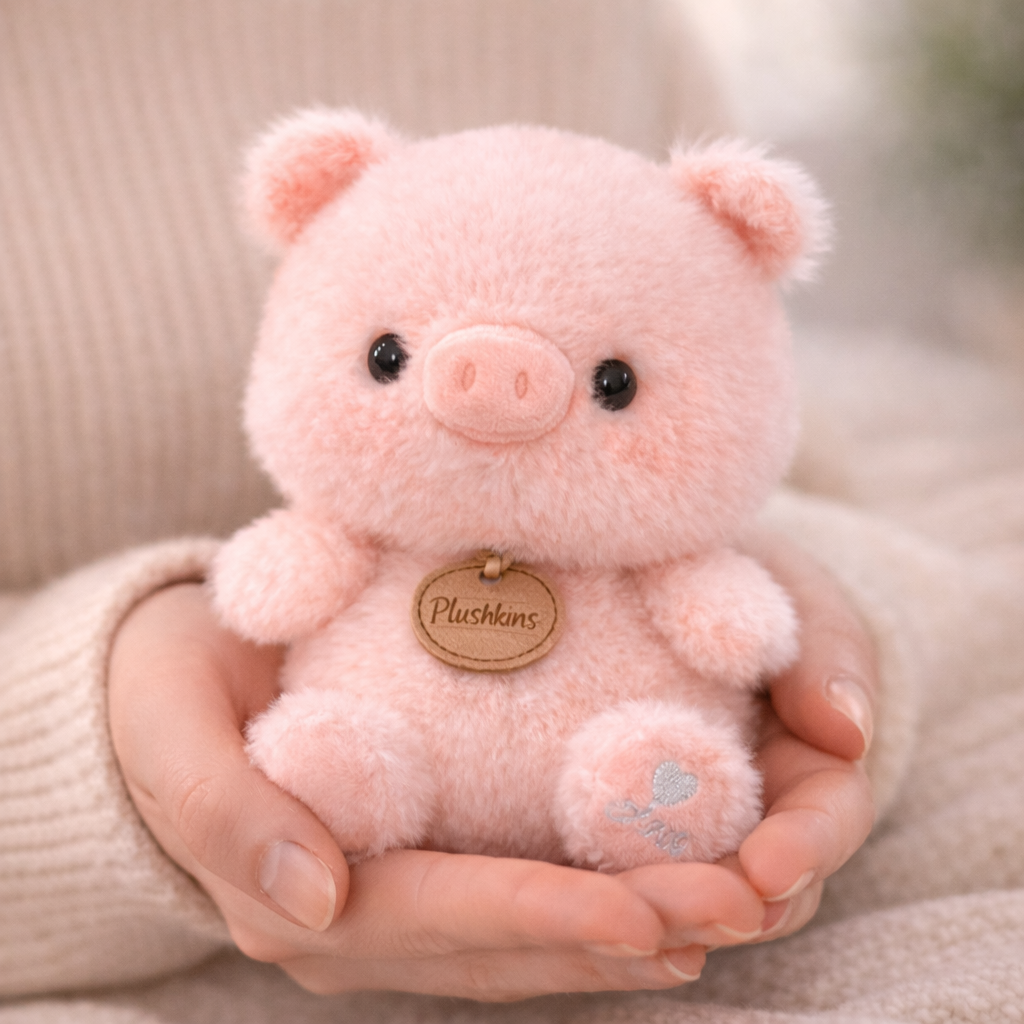 Pink plush pig toy held in hands with a blurred background