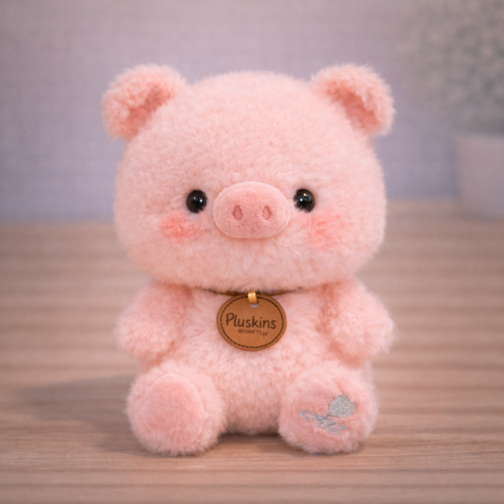 Pink plush pig toy with 'Pluskins' tag on a wooden surface
