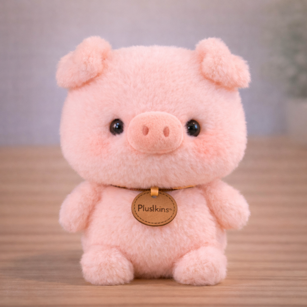 Pink plush pig toy with a 'Pluskins' tag on a wooden surface